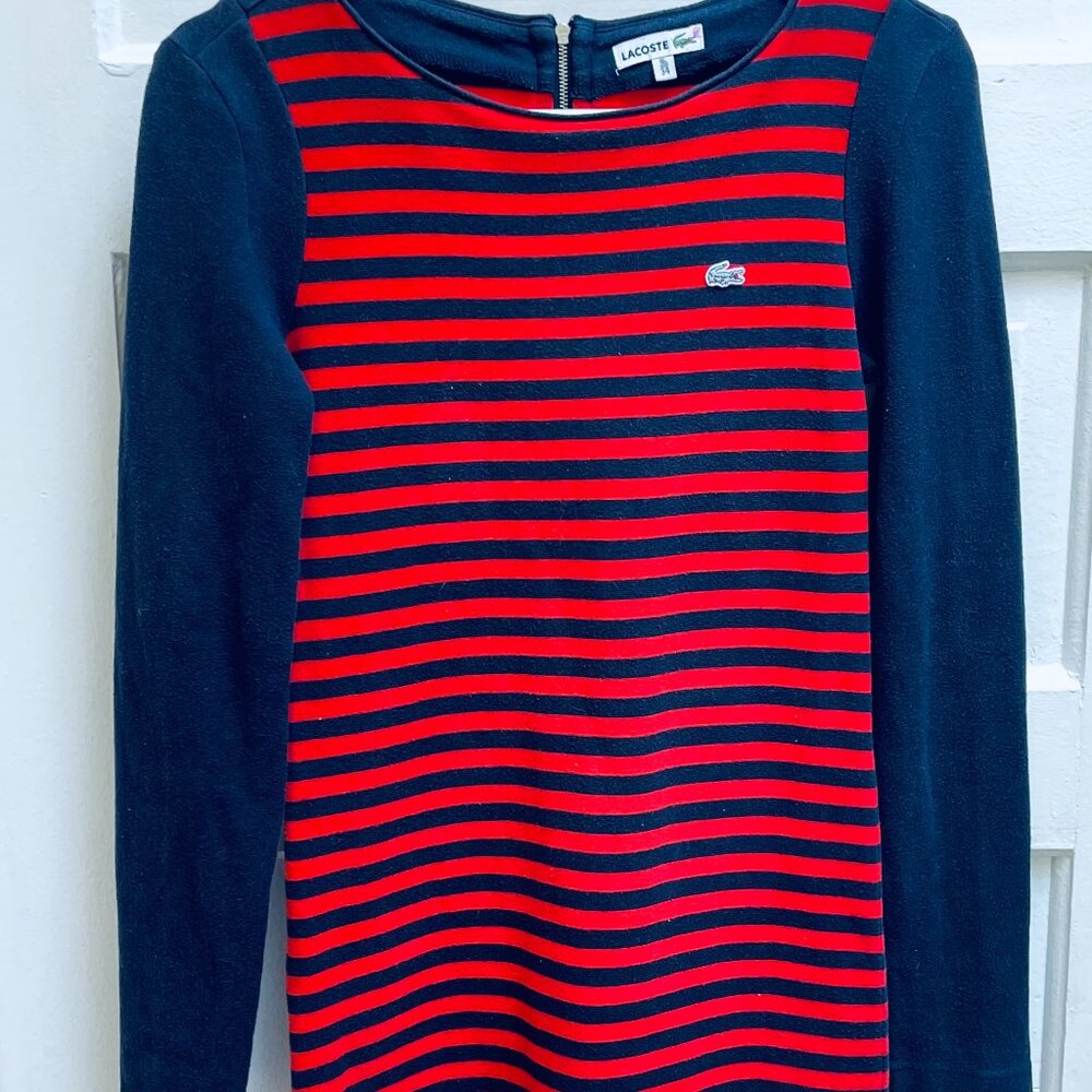 Lacoste Navy & Red Striped Long Sleeved Cotton Jersey Dress | Size 34 European
